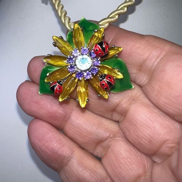 Enameled Flower and Ladybug Pendant on Silk Cord Necklace - Picture 4 of 8